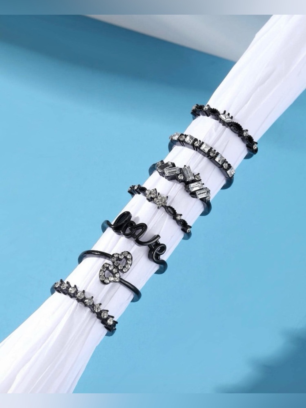 7pc Black Rhinestone Ring Set - Picture 2 of 9